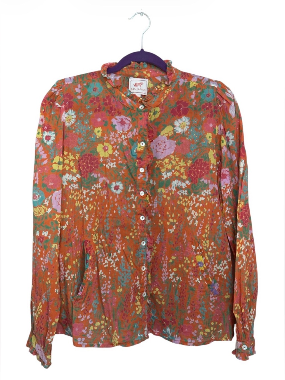 Banjanan Floral Print Long Sleeve Cotton Boho Top Blouse Size L Large